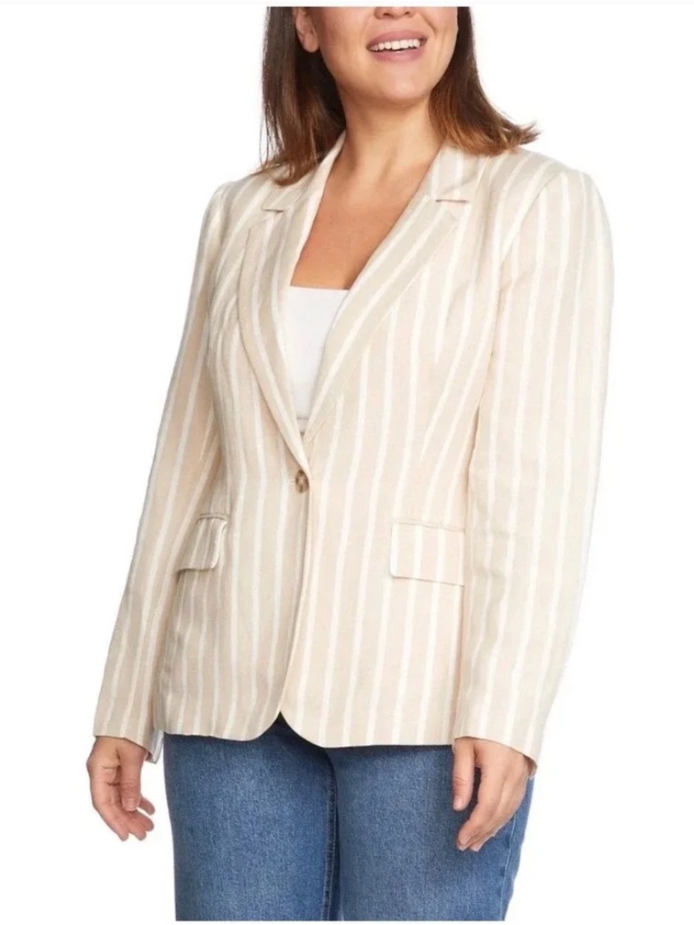 LINEN Blazer - Beige & White Striped - Medium